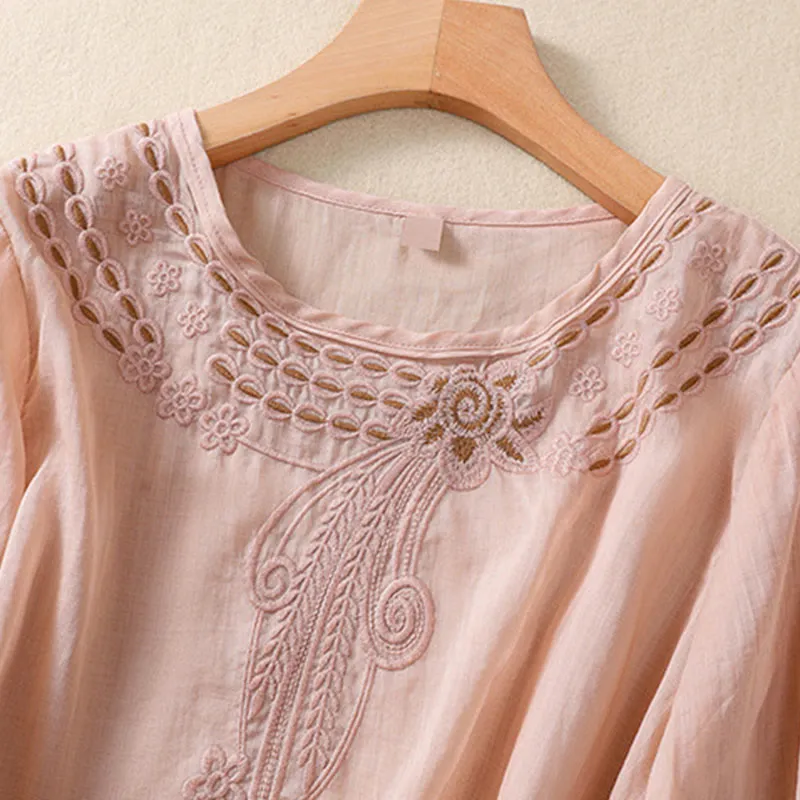 Buddha Stones Artistic Plain Floral Embroidered Design Crew Neck Puff Half Sleeve Cotton Linen Women's T-Shirt