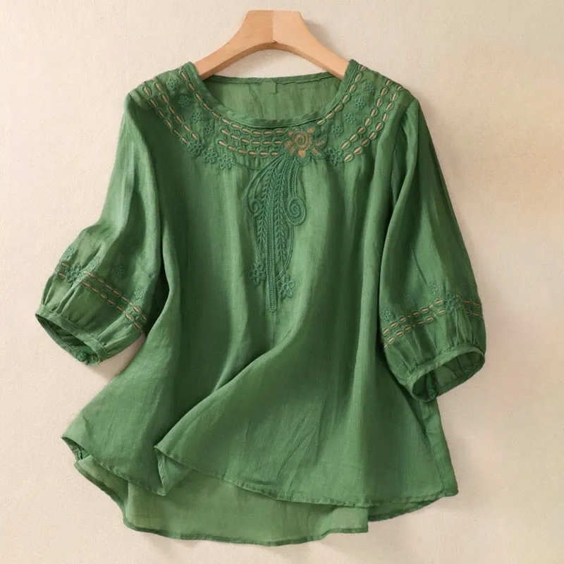 Buddha Stones Artistic Plain Floral Embroidered Design Crew Neck Puff Half Sleeve Cotton Linen Women's T-Shirt