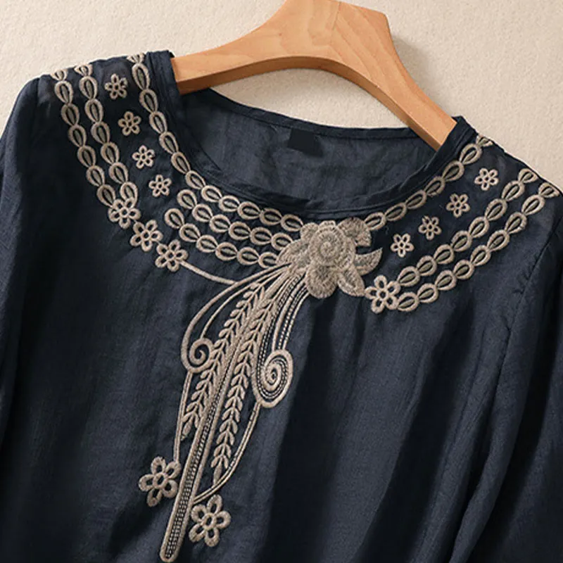 Buddha Stones Artistic Plain Floral Embroidered Design Crew Neck Puff Half Sleeve Cotton Linen Women's T-Shirt
