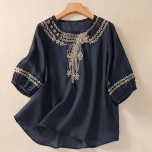 Buddha Stones Artistic Plain Floral Embroidered Design Crew Neck Puff Half Sleeve Cotton Linen Women's T-Shirt