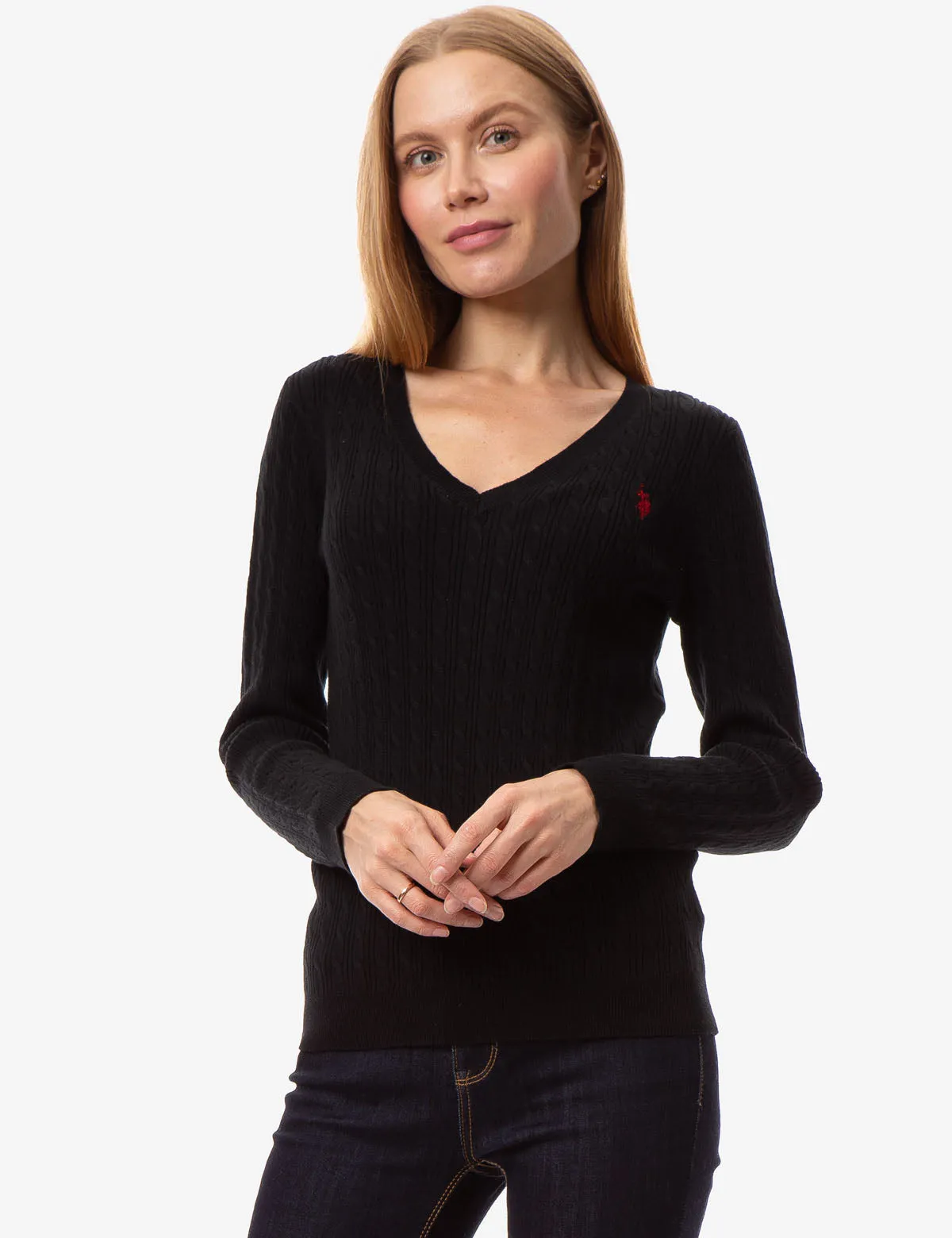 CABLE KNIT V-NECK SWEATER
