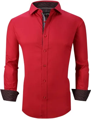 Calvetti Mens Dress Shirts Wrinkle Free Regular Long Sleeve Shirts - RED