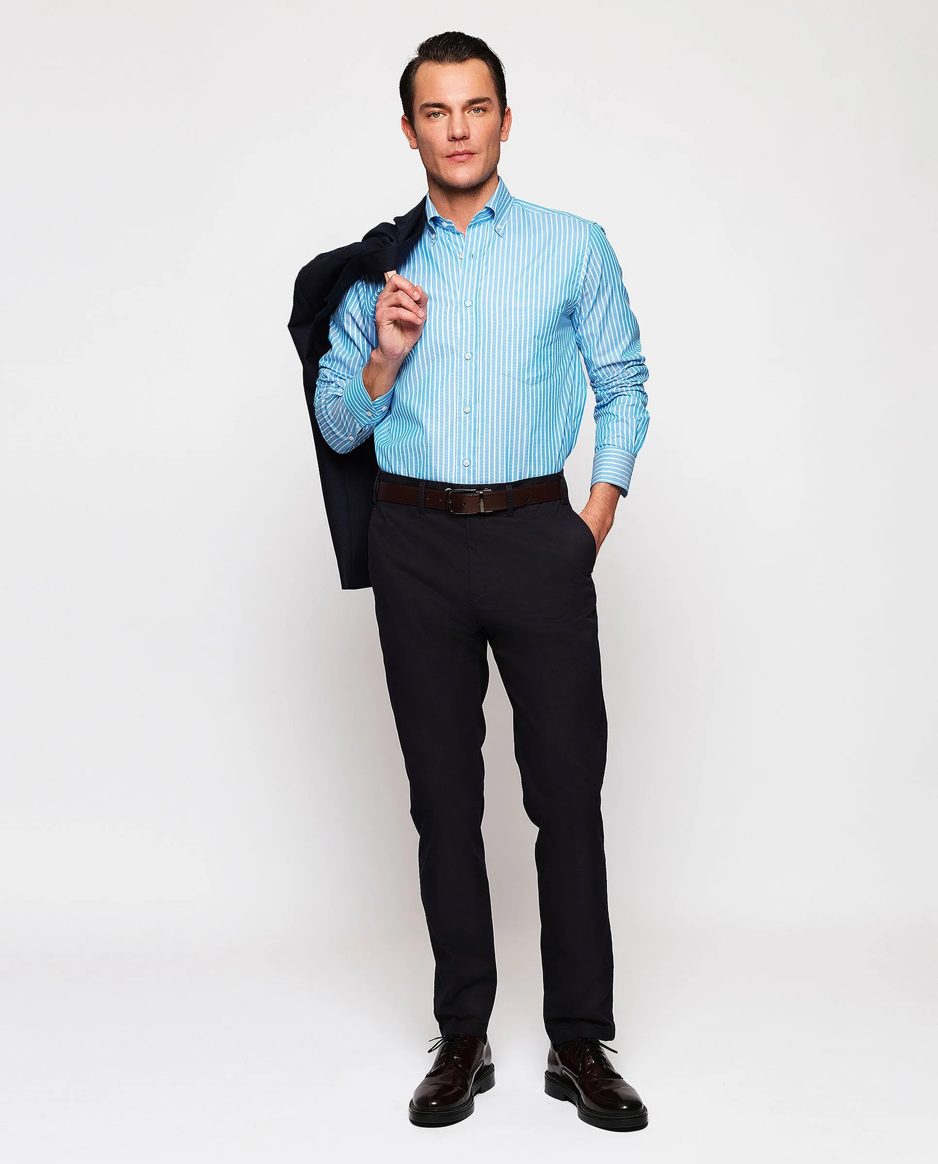 Camisa casual azul rayas blancas algodón