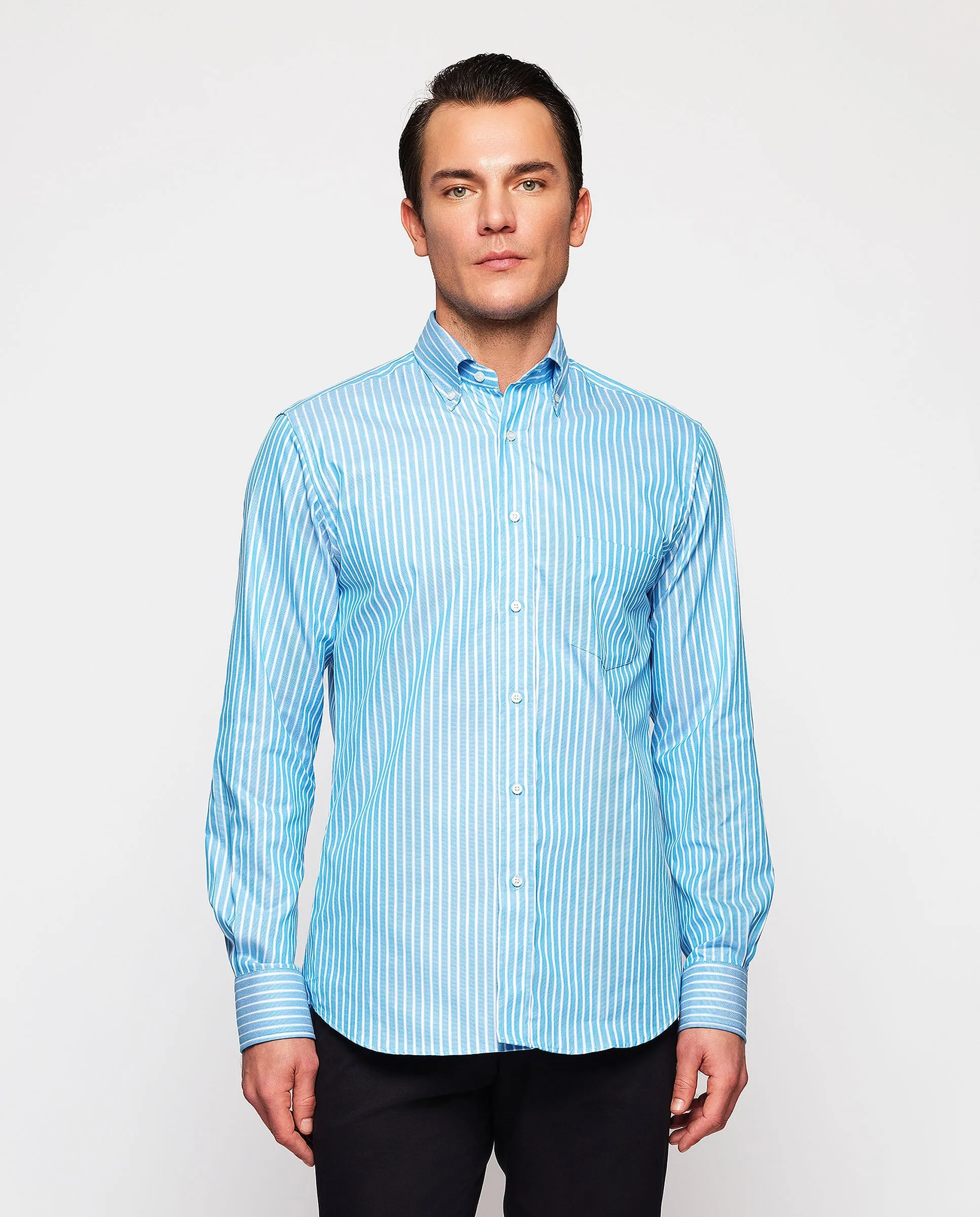Camisa casual azul rayas blancas algodón