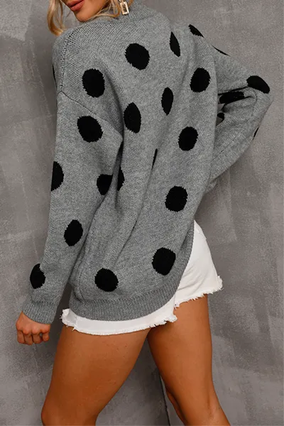 Casual Polka Dot Patchwork Contrast V Neck Sweaters(3 Colors)