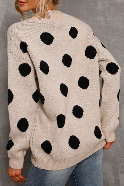 Casual Polka Dot Patchwork Contrast V Neck Sweaters(3 Colors)