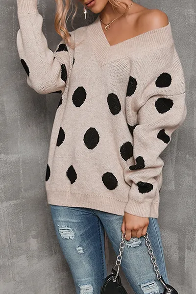 Casual Polka Dot Patchwork Contrast V Neck Sweaters(3 Colors)