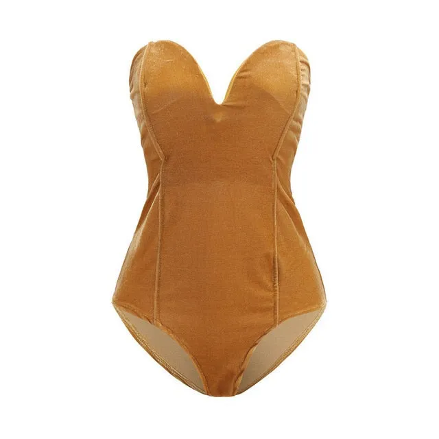 Casual Sleeveless Strapless Velvet Bodysuit