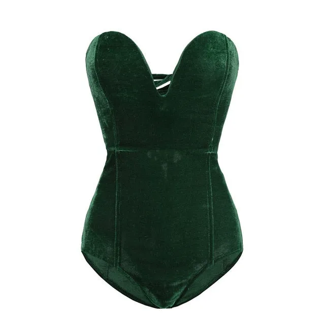 Casual Sleeveless Strapless Velvet Bodysuit