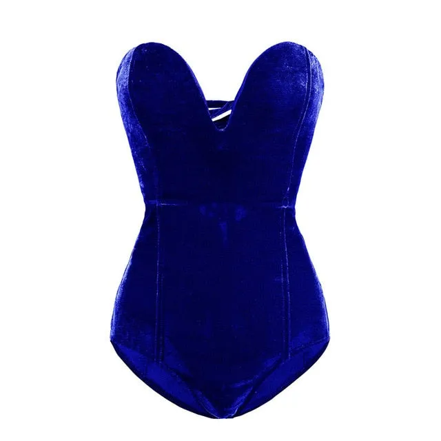 Casual Sleeveless Strapless Velvet Bodysuit