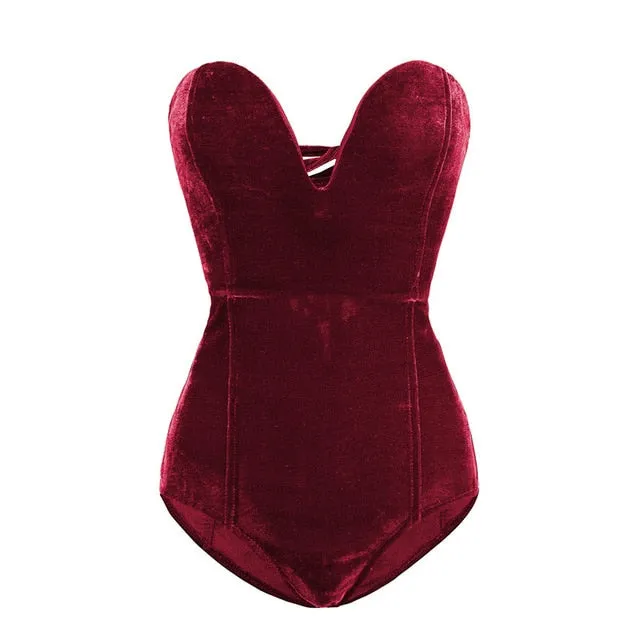 Casual Sleeveless Strapless Velvet Bodysuit