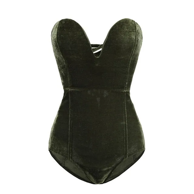 Casual Sleeveless Strapless Velvet Bodysuit