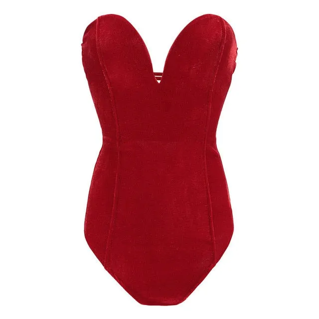 Casual Sleeveless Strapless Velvet Bodysuit