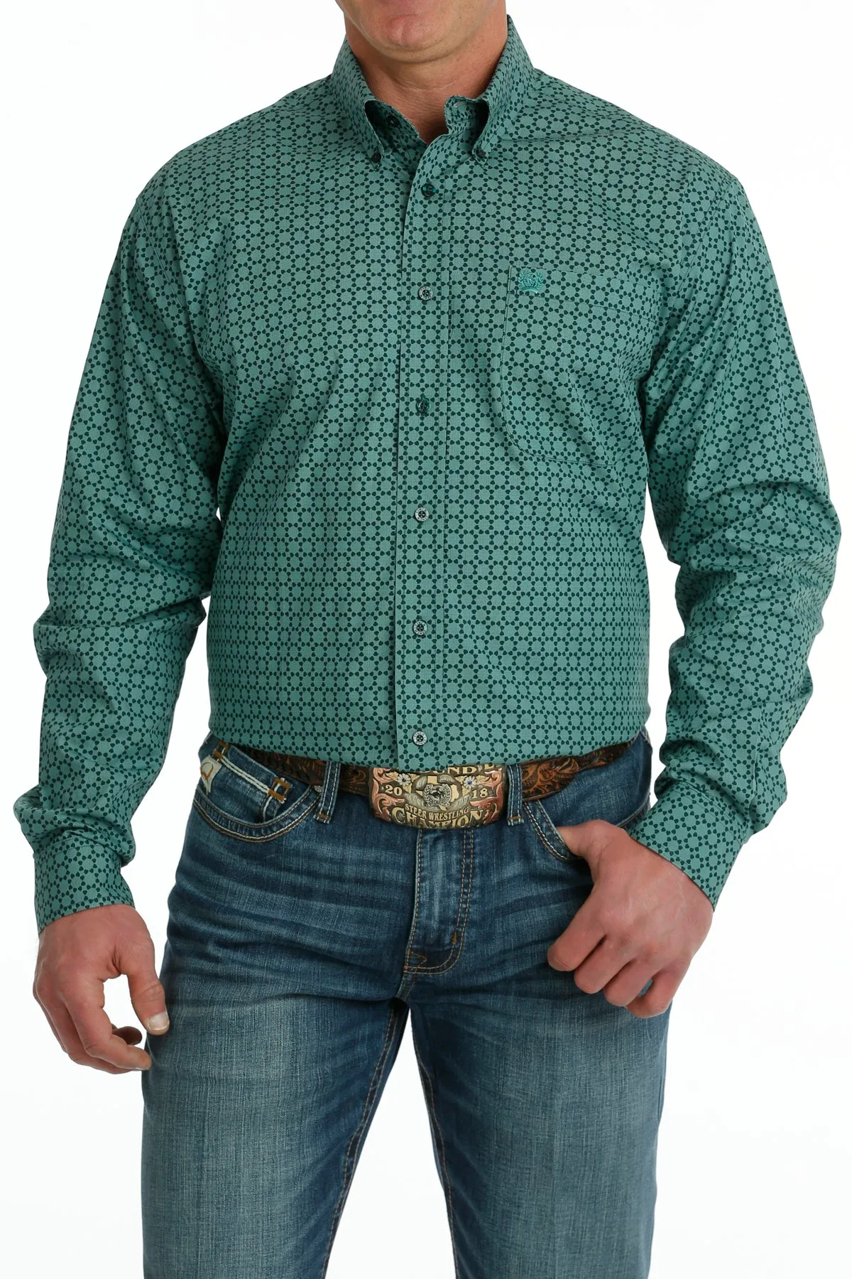 Cinch Green Geometric Print Button-Down Shirt for Men