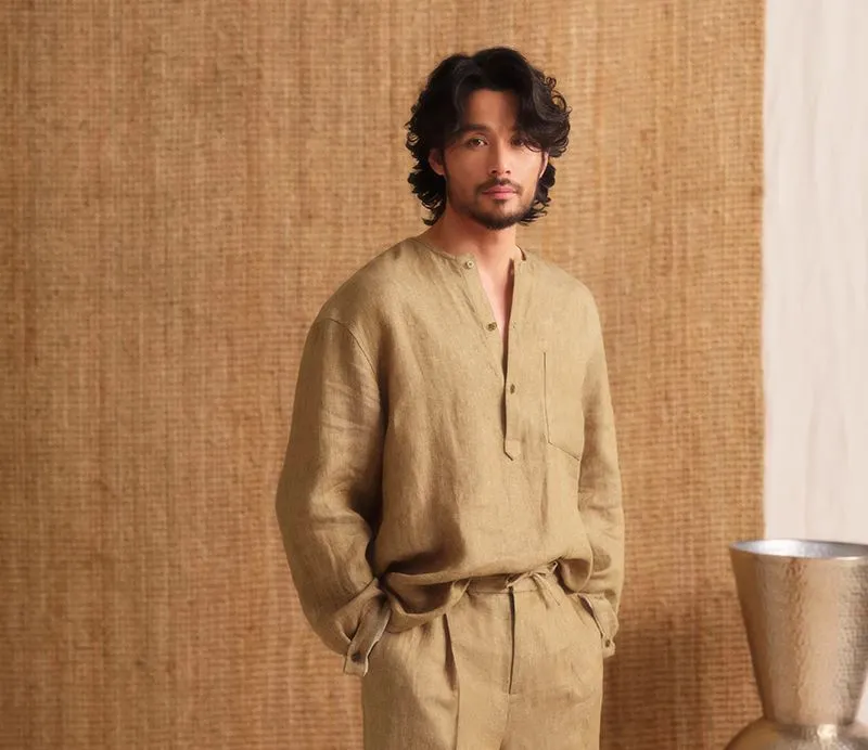 Collarless Linen Long-Sleeve Shirt