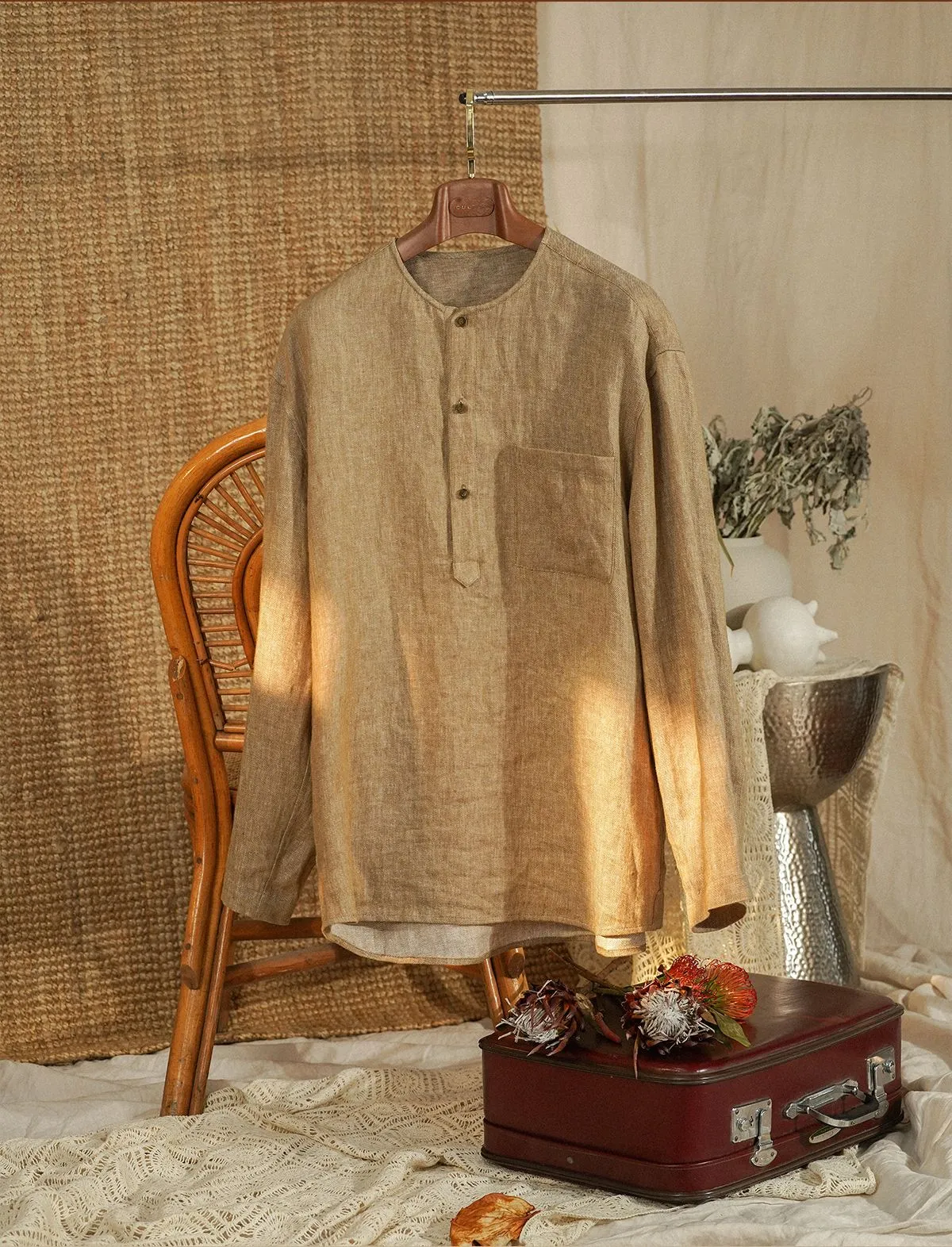 Collarless Linen Long-Sleeve Shirt
