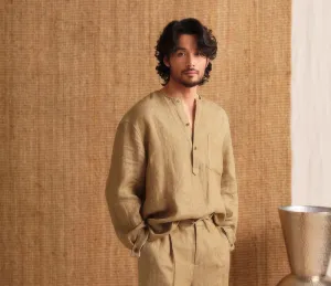 Collarless Linen Long-Sleeve Shirt
