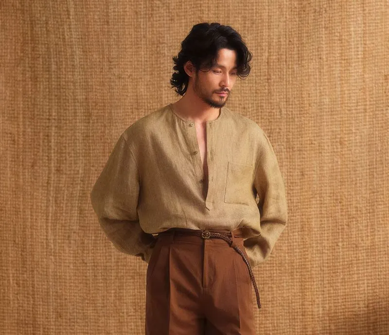 Collarless Linen Long-Sleeve Shirt