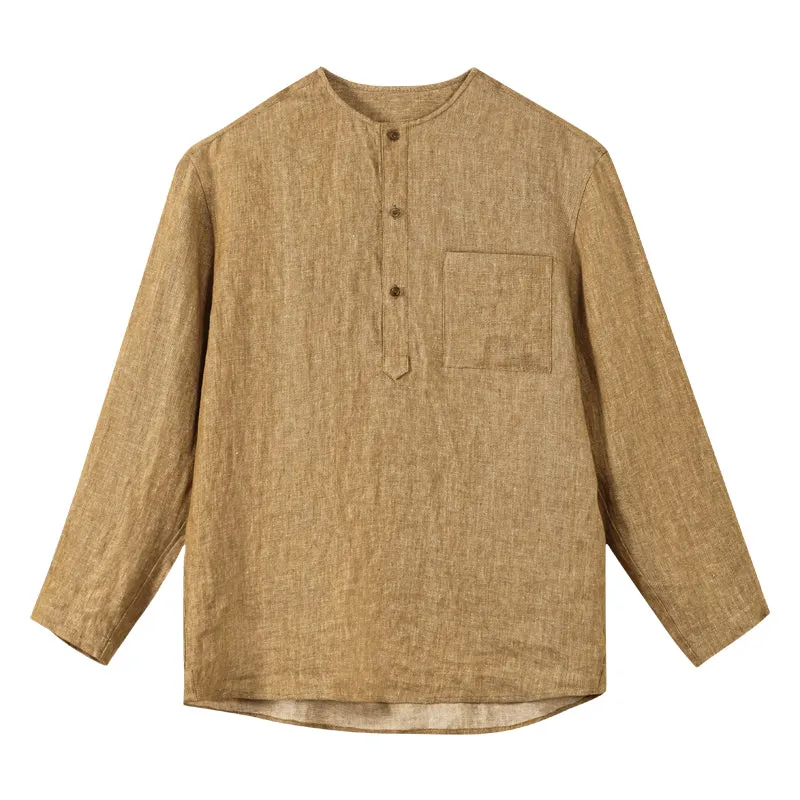 Collarless Linen Long-Sleeve Shirt
