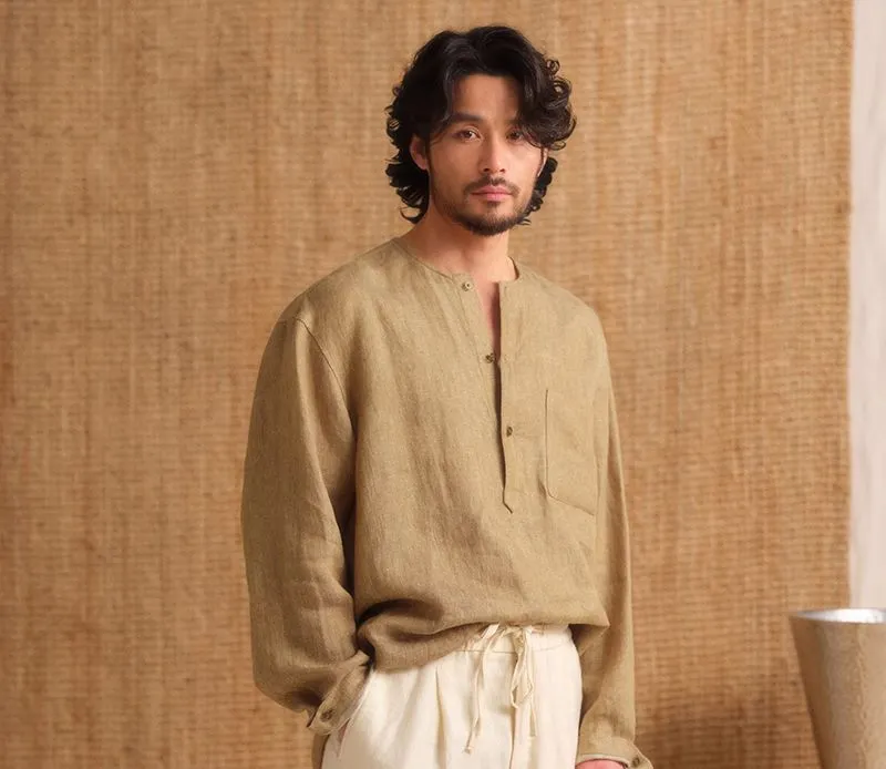 Collarless Linen Long-Sleeve Shirt