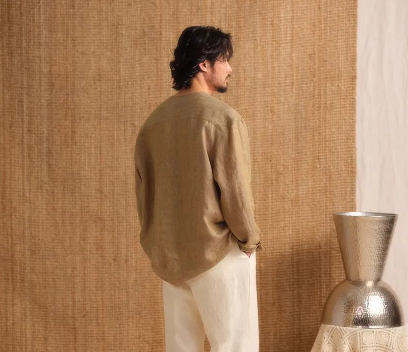Collarless Linen Long-Sleeve Shirt