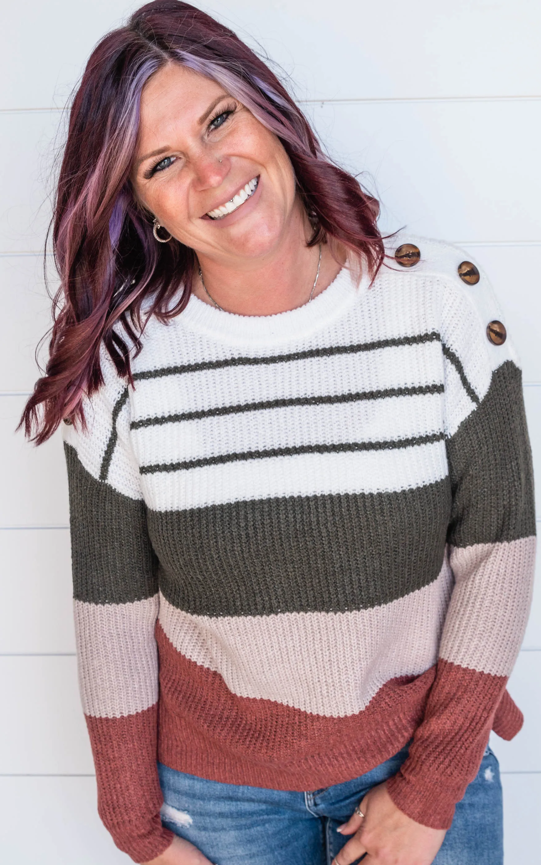 Colorblock Button Shoulder Sweater - Staccato