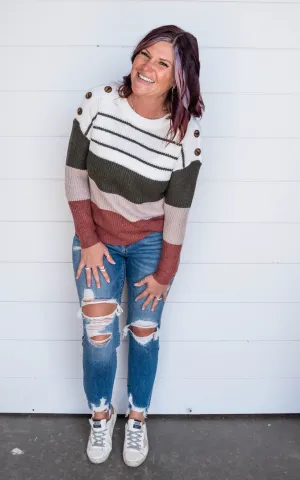 Colorblock Button Shoulder Sweater - Staccato