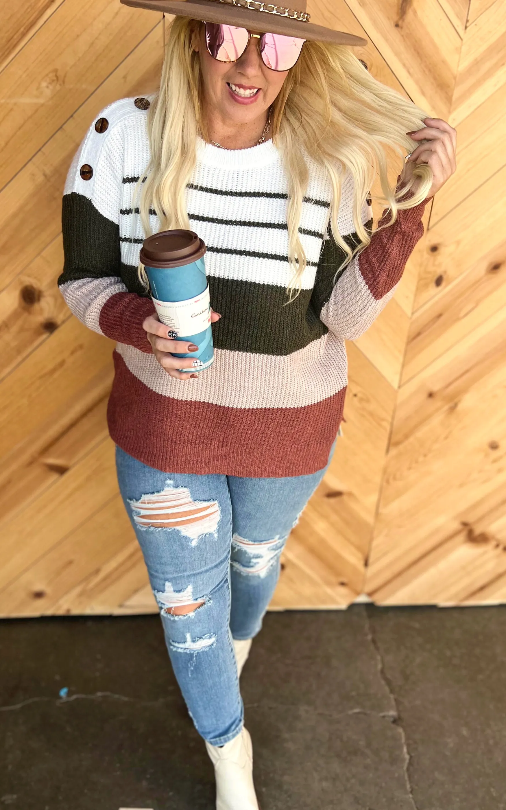 Colorblock Button Shoulder Sweater - Staccato