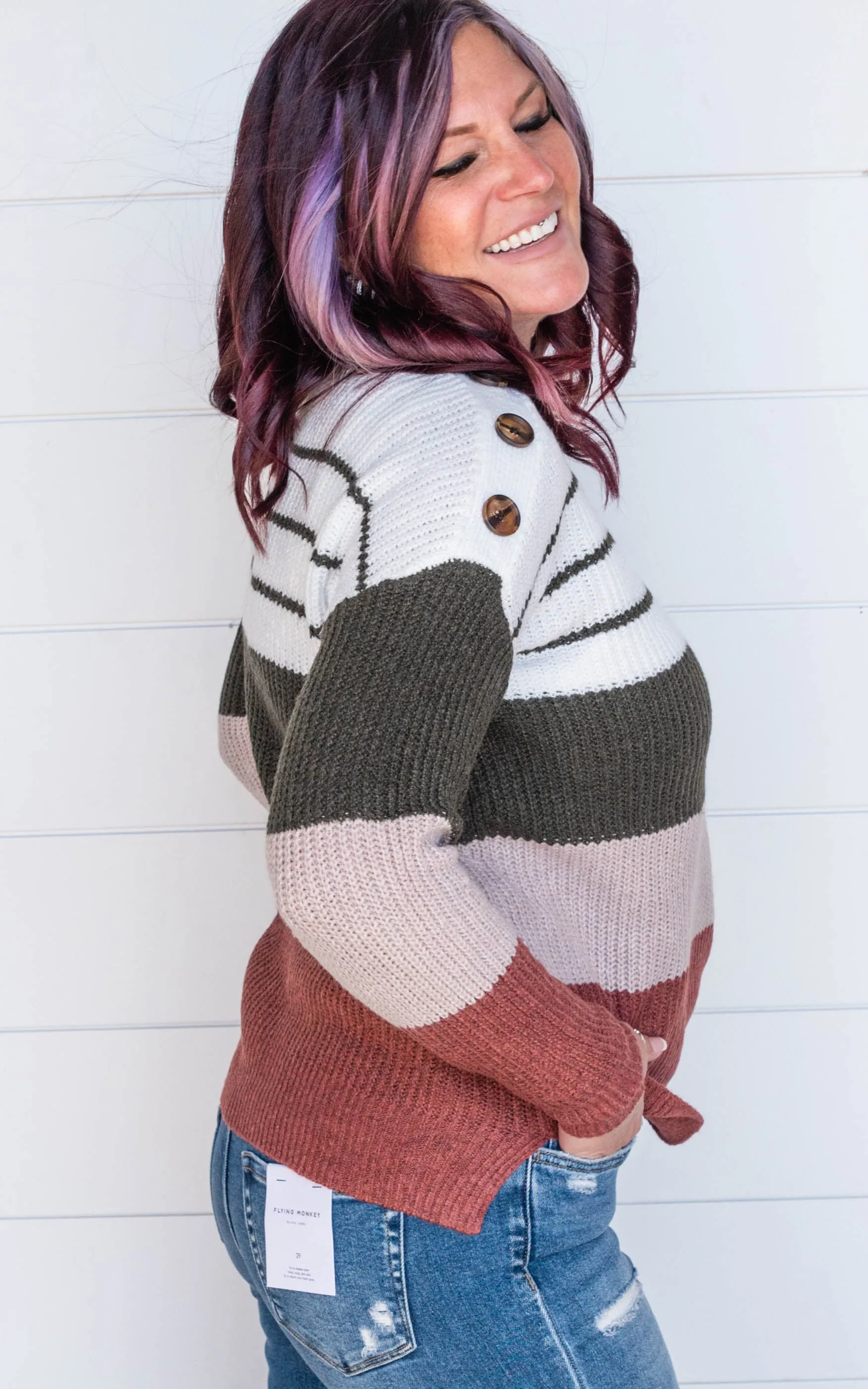 Colorblock Button Shoulder Sweater - Staccato