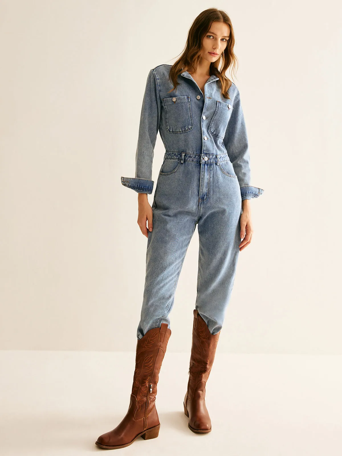 Cotton Long Sleeve Denim Jumpsuit Without Belt