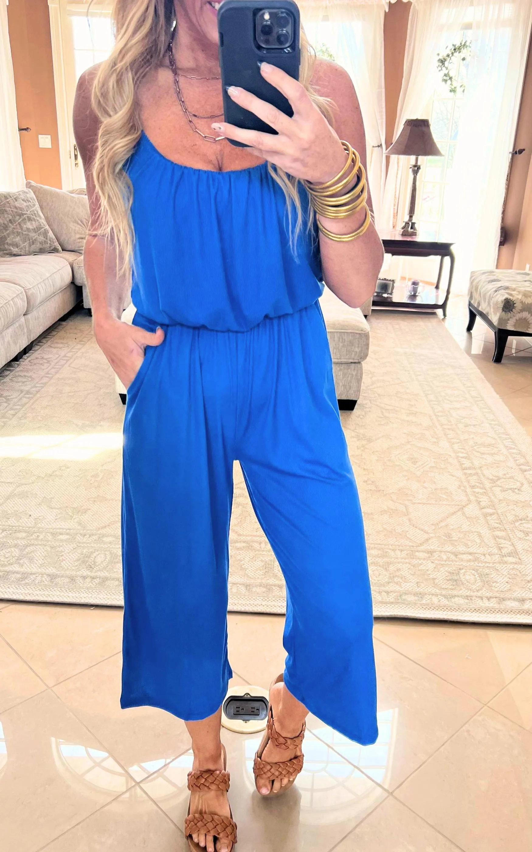 Cropped Spaghetti Strap Jumpsuit - Blue | FINAL SALE
