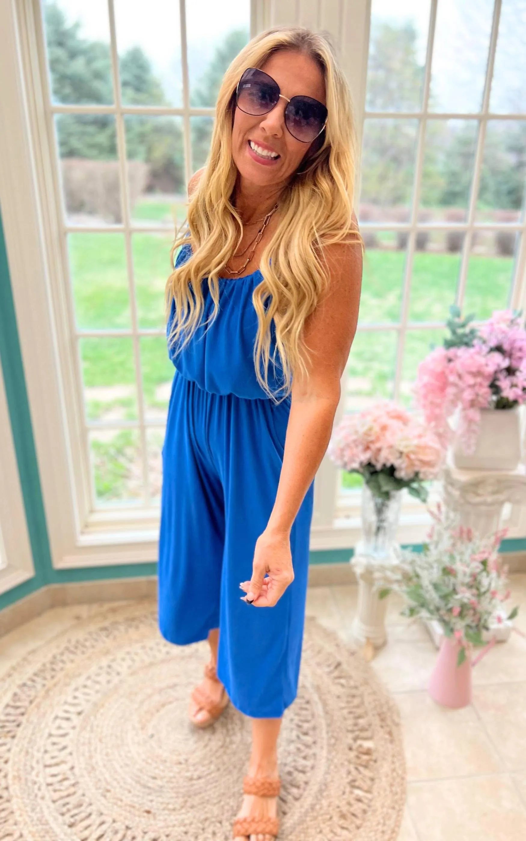 Cropped Spaghetti Strap Jumpsuit - Blue | FINAL SALE
