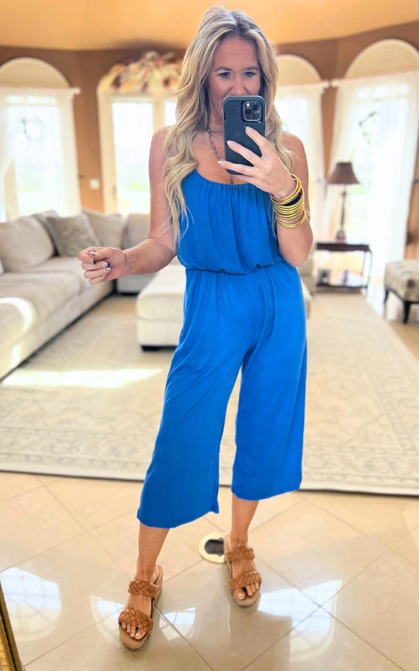 Cropped Spaghetti Strap Jumpsuit - Blue | FINAL SALE