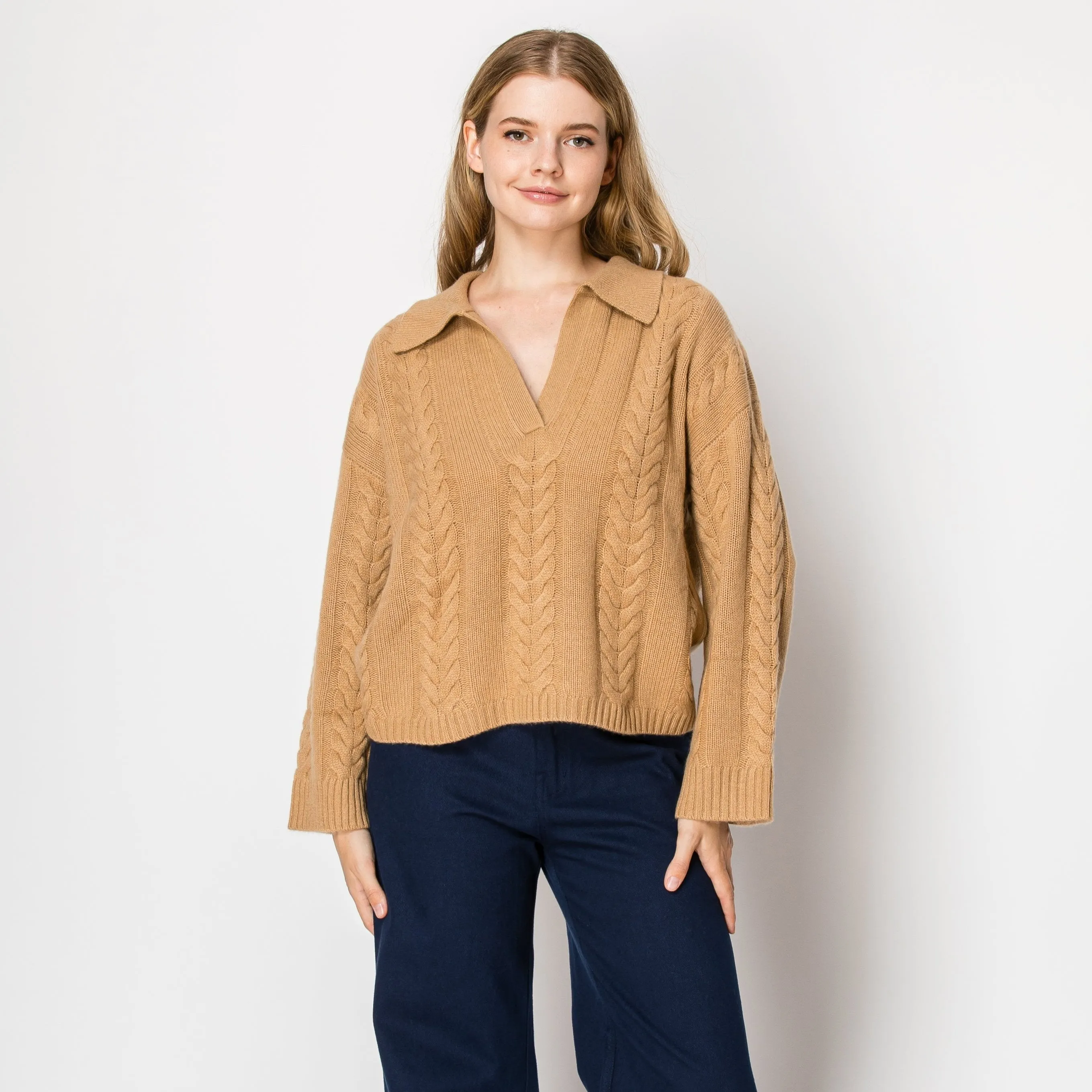 Dean Cashmere Cable Knit Polo Pullover In Sand
