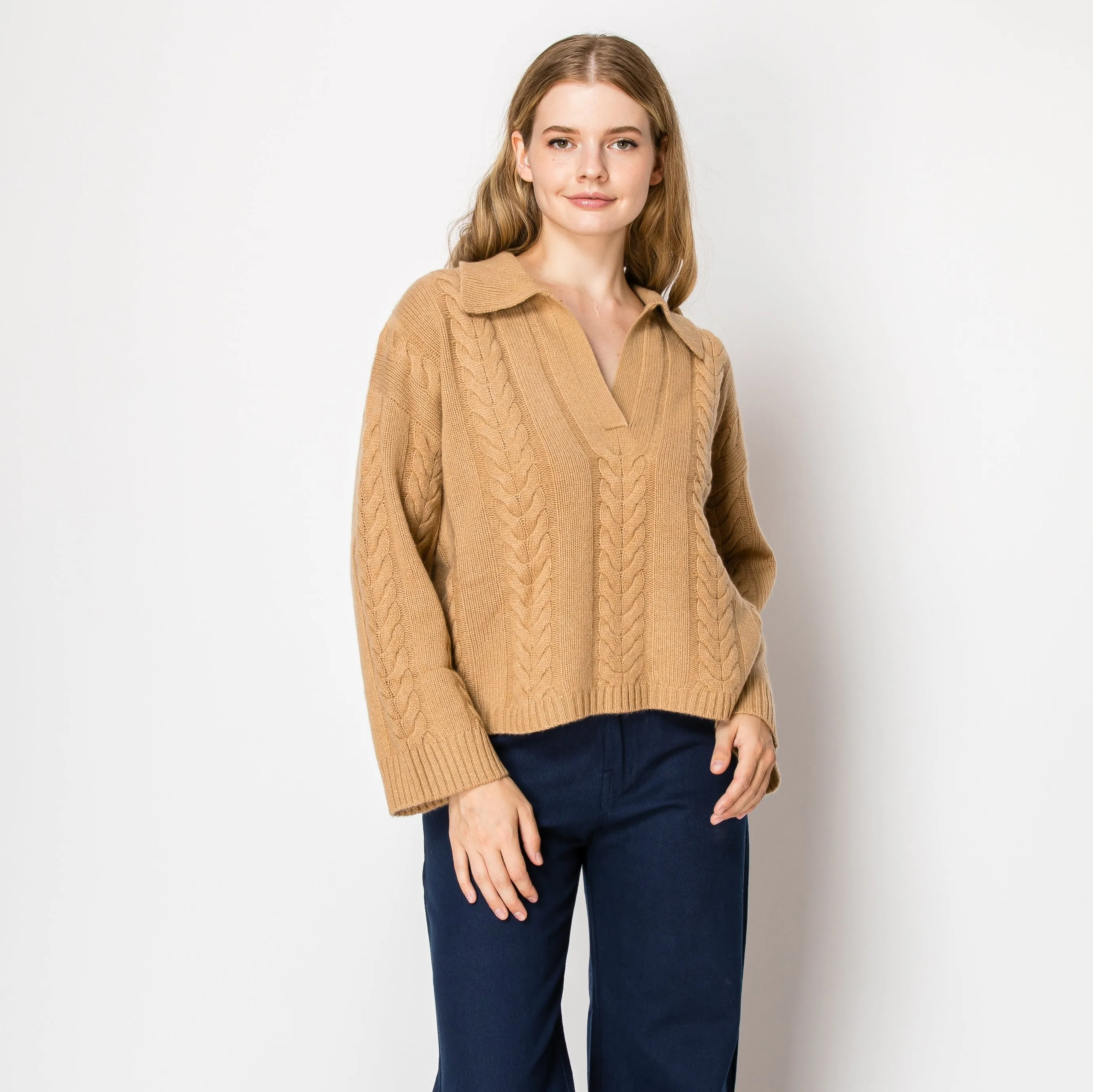 Dean Cashmere Cable Knit Polo Pullover In Sand