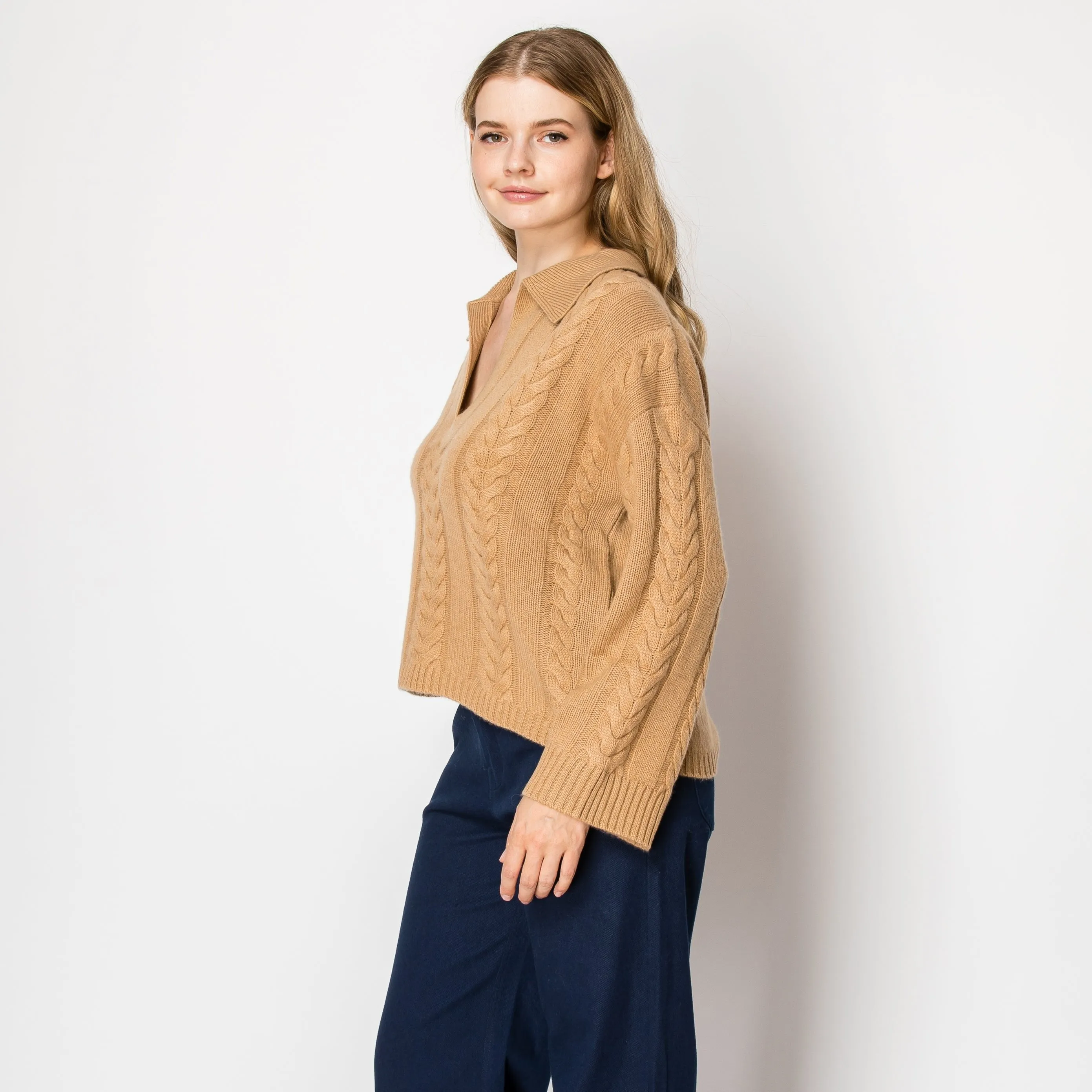 Dean Cashmere Cable Knit Polo Pullover In Sand