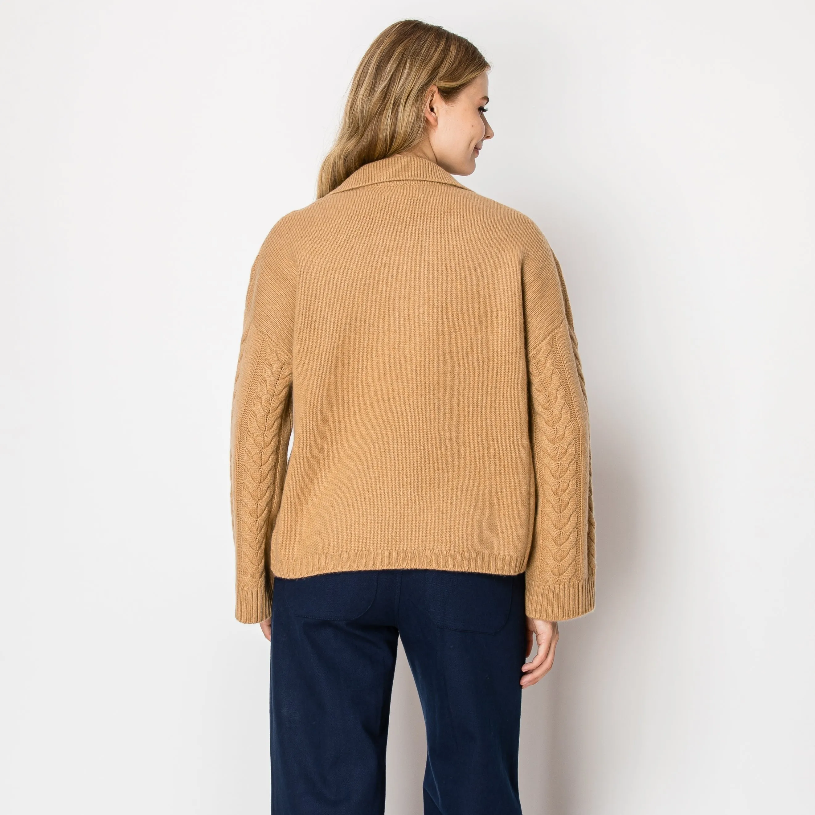 Dean Cashmere Cable Knit Polo Pullover In Sand