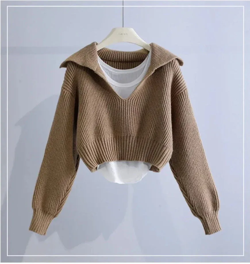 Deep V-Neck Lapel Collar Two-Pieces Sweaters