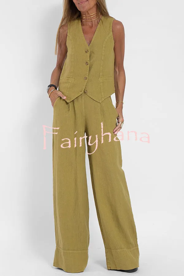 Eddie Linen Blend Button Vest and Elastic Waist Pocketed Wide Leg Pants Set
