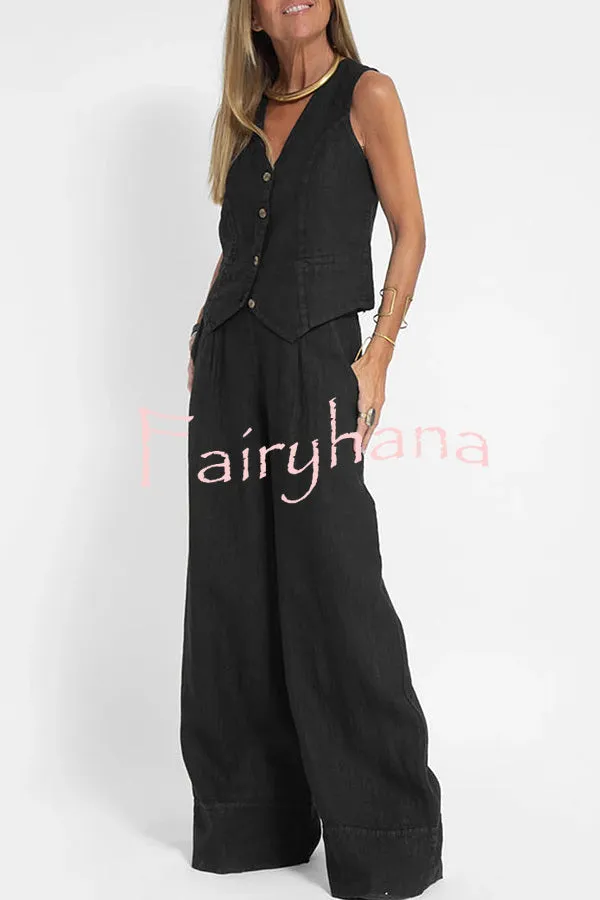 Eddie Linen Blend Button Vest and Elastic Waist Pocketed Wide Leg Pants Set