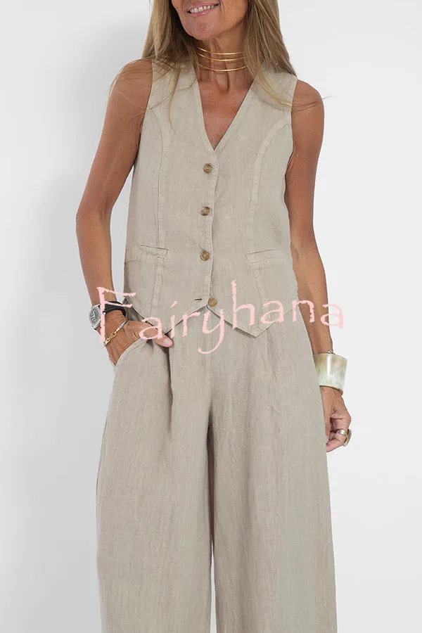 Eddie Linen Blend Button Vest and Elastic Waist Pocketed Wide Leg Pants Set