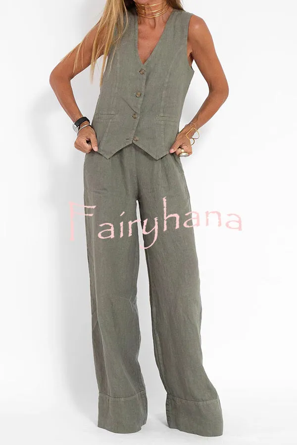 Eddie Linen Blend Button Vest and Elastic Waist Pocketed Wide Leg Pants Set