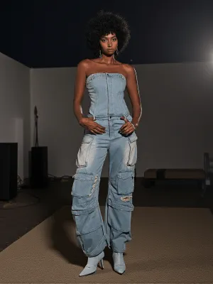 Eden Strapless Pocket Denim Jumpsuit In Blue