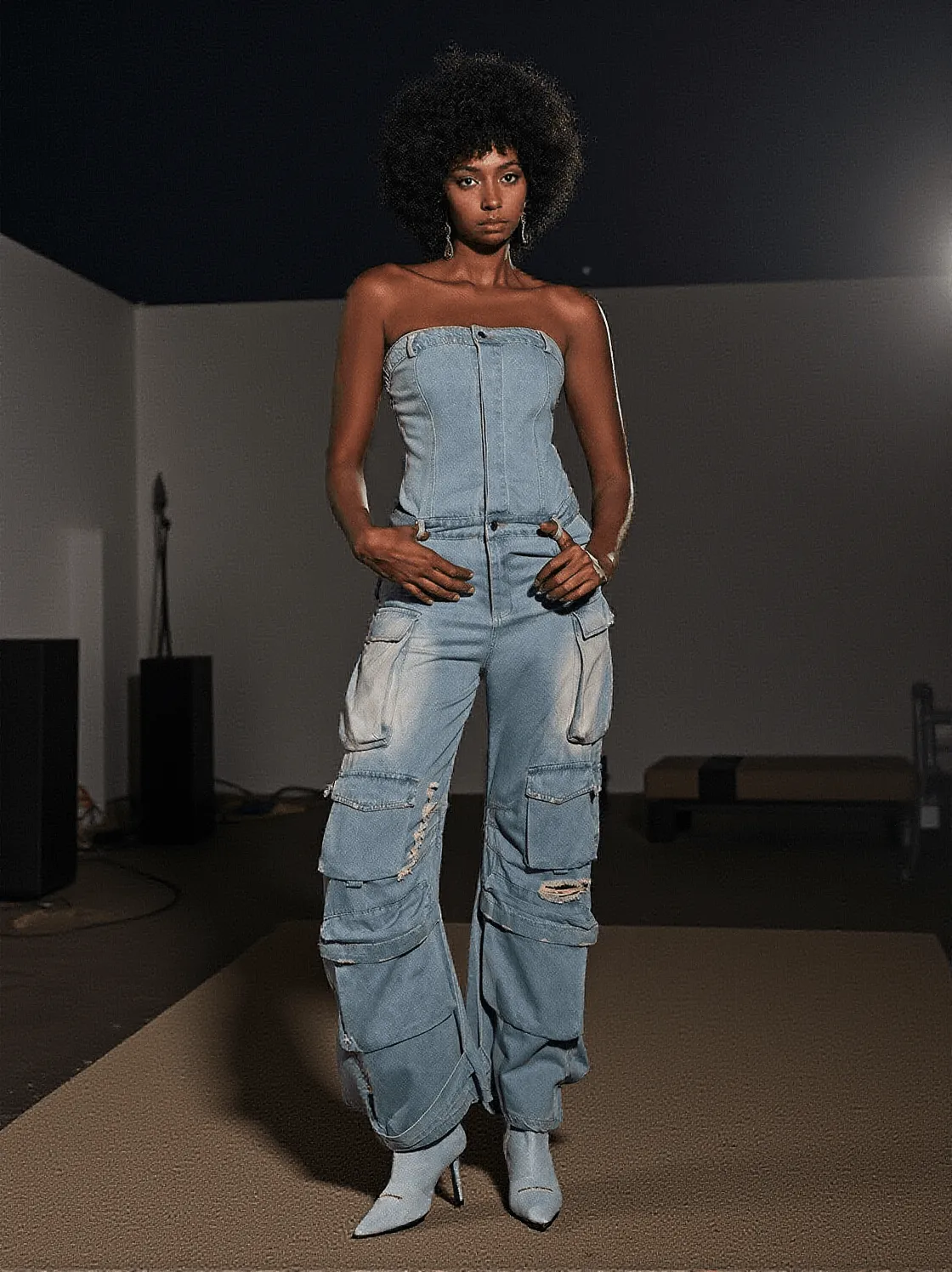 Eden Strapless Pocket Denim Jumpsuit In Blue