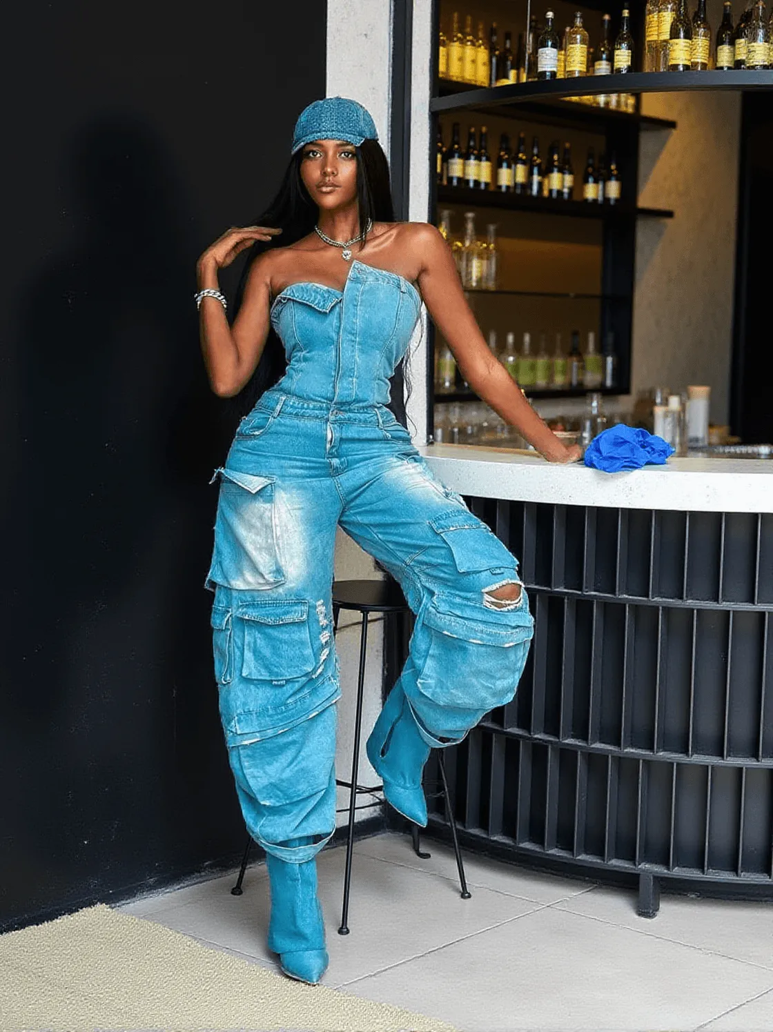 Eden Strapless Pocket Denim Jumpsuit In Blue