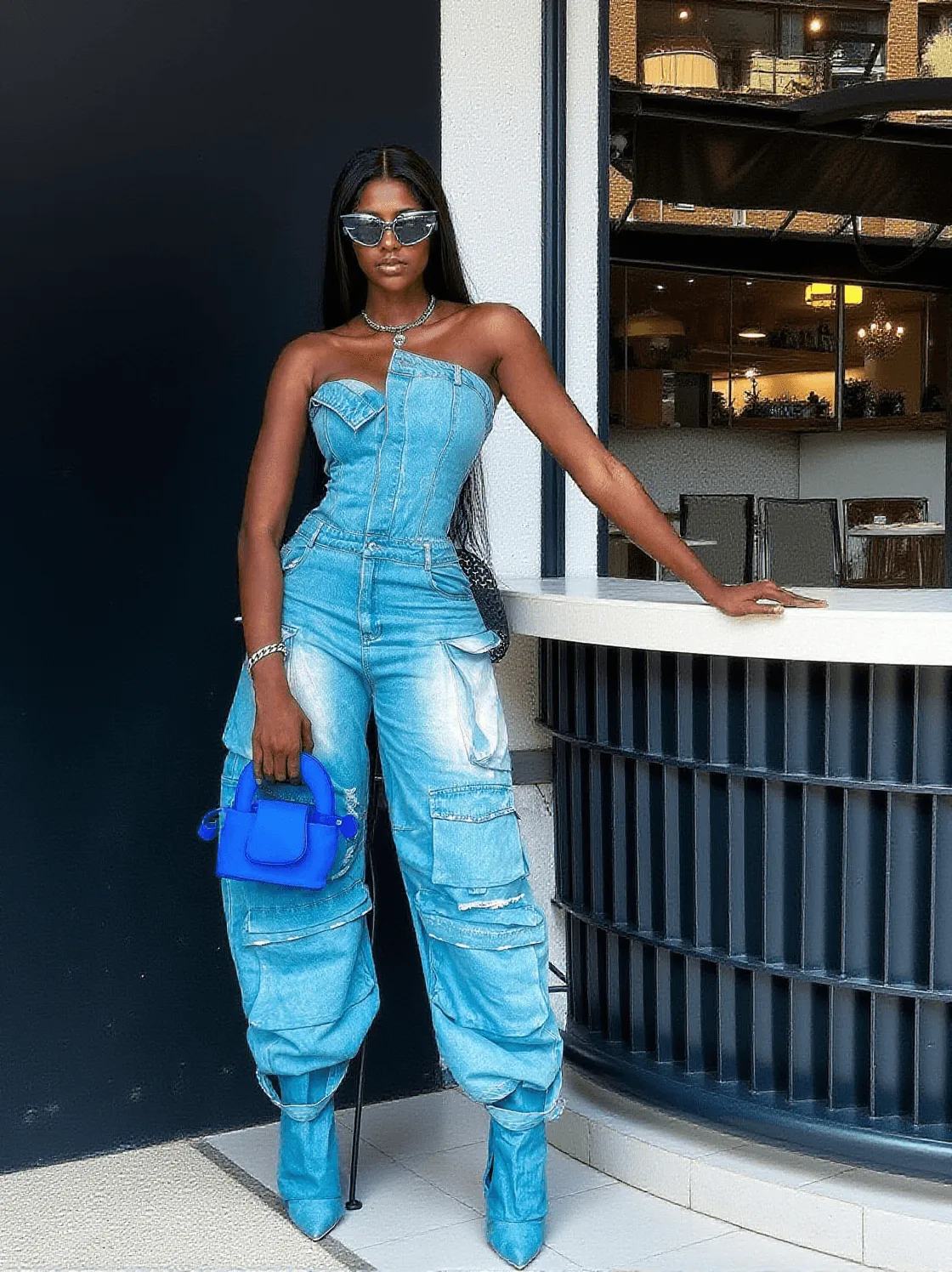 Eden Strapless Pocket Denim Jumpsuit In Blue