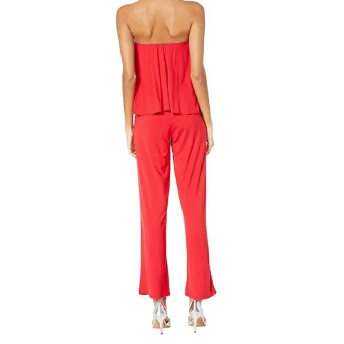 Embellished Logo Red Strapless Wide Leg Women's Jumpsuits