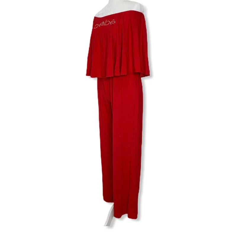 Embellished Logo Red Strapless Wide Leg Women's Jumpsuits