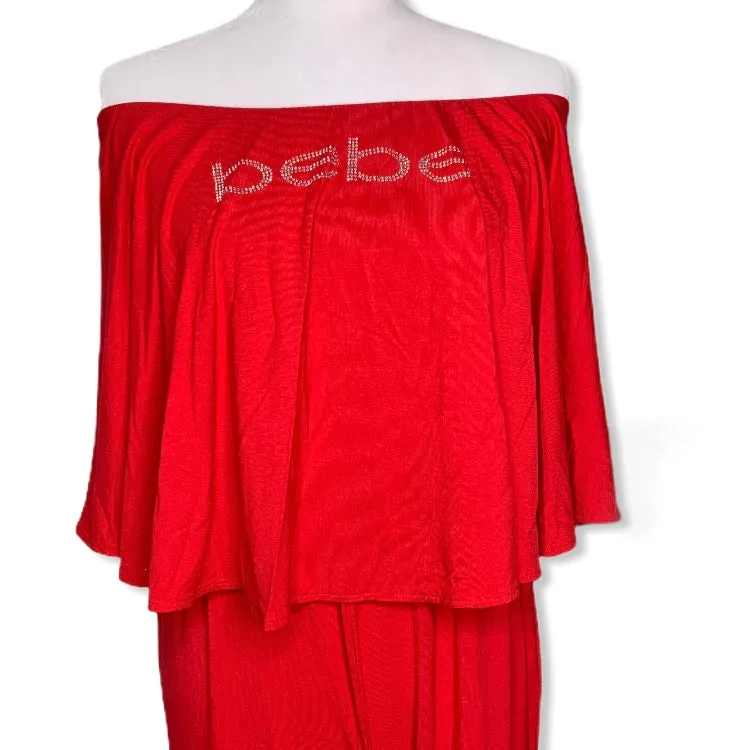 Embellished Logo Red Strapless Wide Leg Women's Jumpsuits