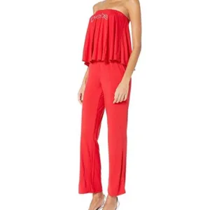 Embellished Logo Red Strapless Wide Leg Women's Jumpsuits